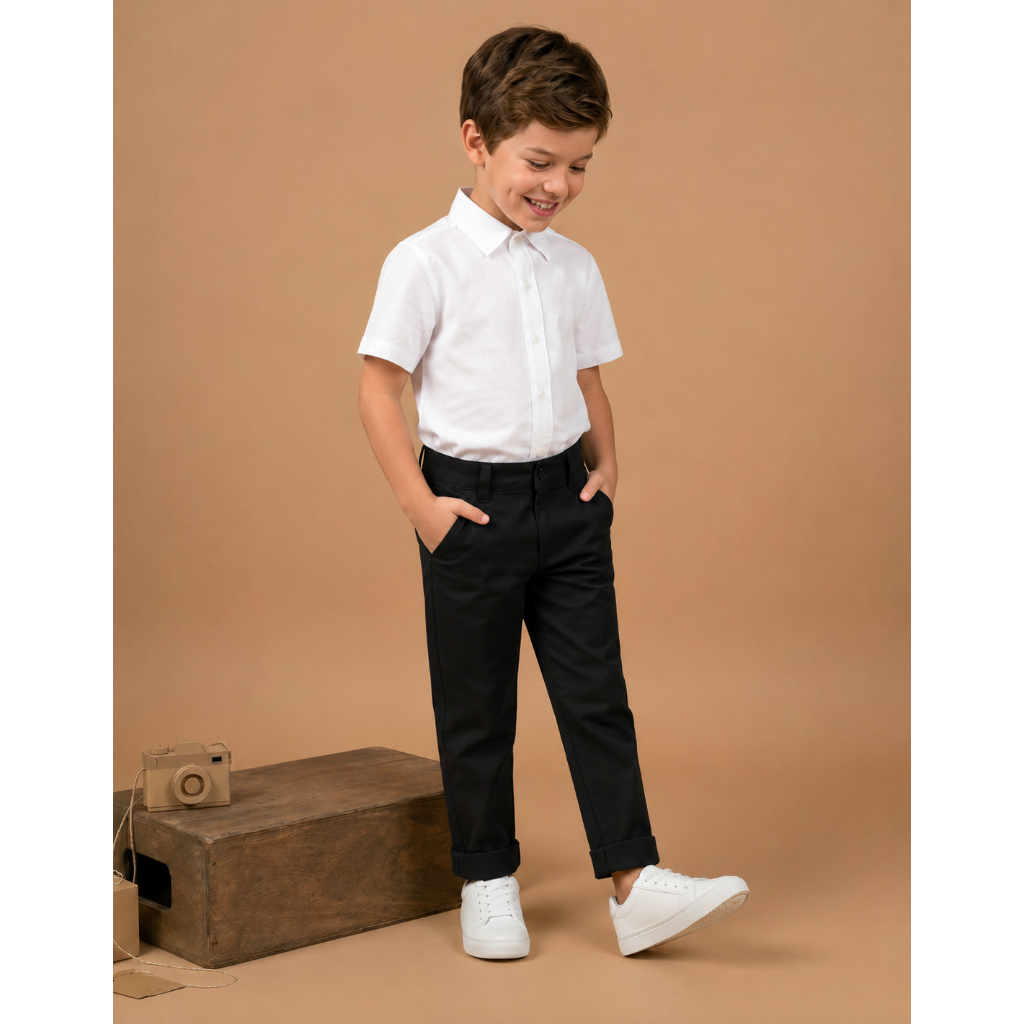Conjunto Calça Bolso Faca Sarja e Camisa Manga Curta Branca Kit Infantil Menino Criança Festa Pagem