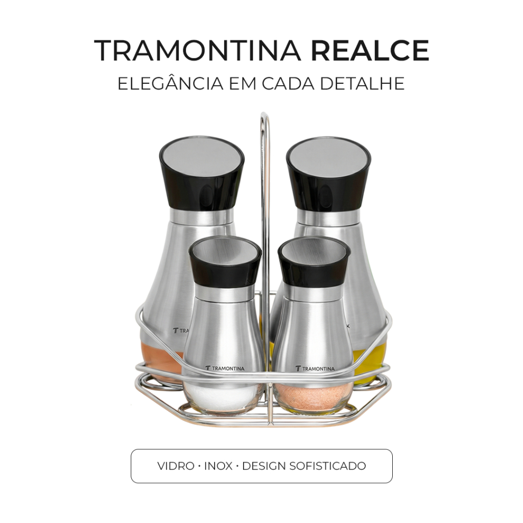 Conjunto Galheteiro Tramontina Realce 4 Peças com Suporte em Inox e Vidro