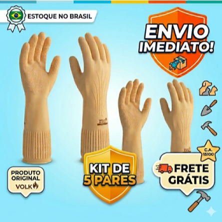 Kit 5 Pares Luva Látex Volk CA 15100 Antiderrapante Limpeza Pesada Remove Pelo Pet Sofá Obra