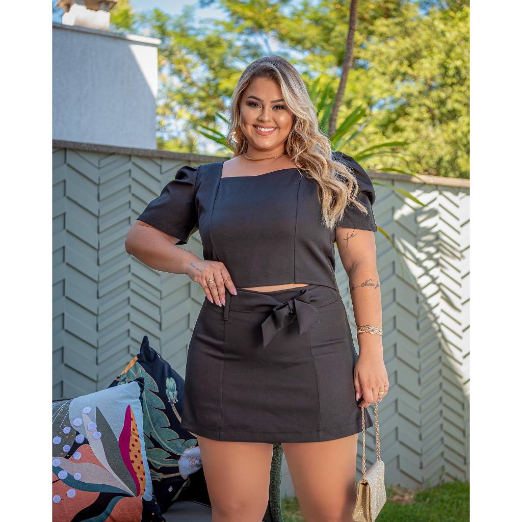 Conjunto Plus Size Feminino Short Saia e Cropped Alfaiataria Conjunto Casual Confortável Moda Feminina Elegante