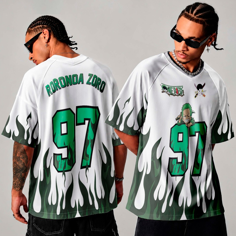 Camiseta Jersey Básica Sublimada Full Print Roronoa Zoro Pirata Espadachim One Piece Anime Chapéu De Palha Streetwear