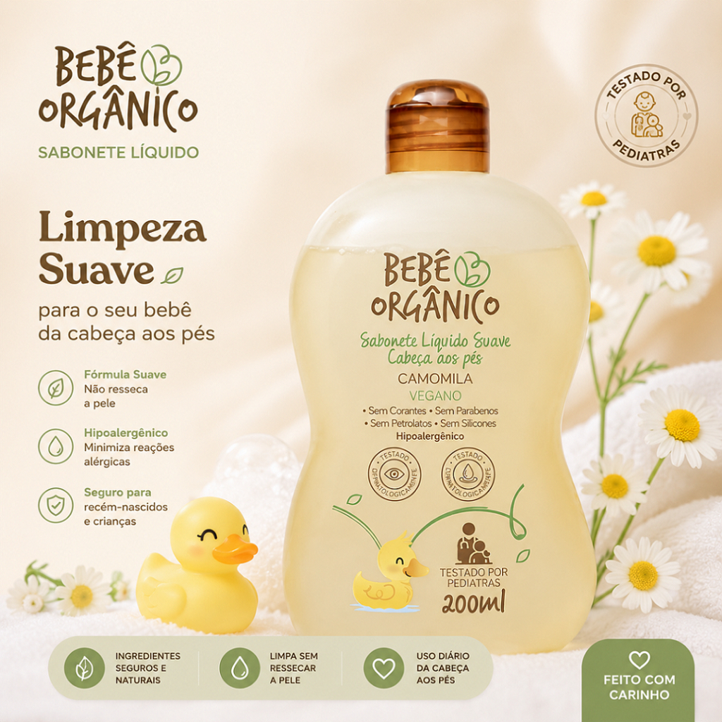 Sabonete Líquido CAMOMILA VEGANO Bebê Orgânico Recém-Nascido Limpa Acalma e Nutre 200 ml