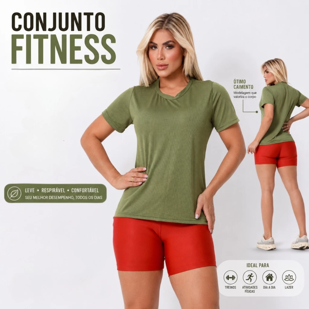 Conjunto Bermuda + Camiseta Dray Fit Feminino Anti Suor Academia Treino