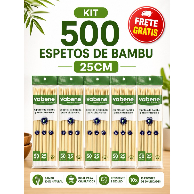 kit 100a 1000 Espeto de Bambu Palito para Churrasco 25cm Vabene | Resistente para Churrasco e Artesanato