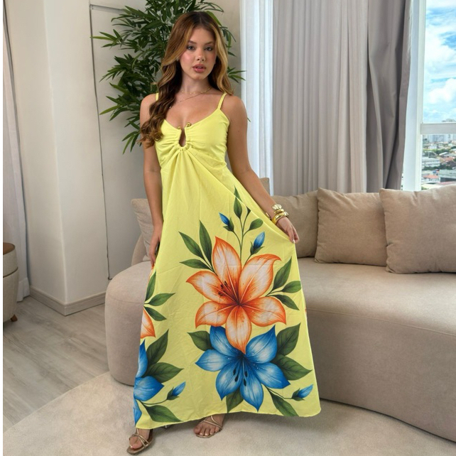 Vestido Longo Estampado Floral Feminino Soltinho Elegante Verão Moda Praia Tendência 2026