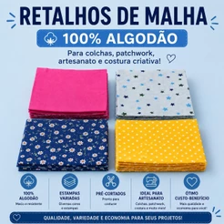 Retalho Quadrado Malha 100% Algodão Fio 24 Cores Sortidas Para Colchas e Artesanatos