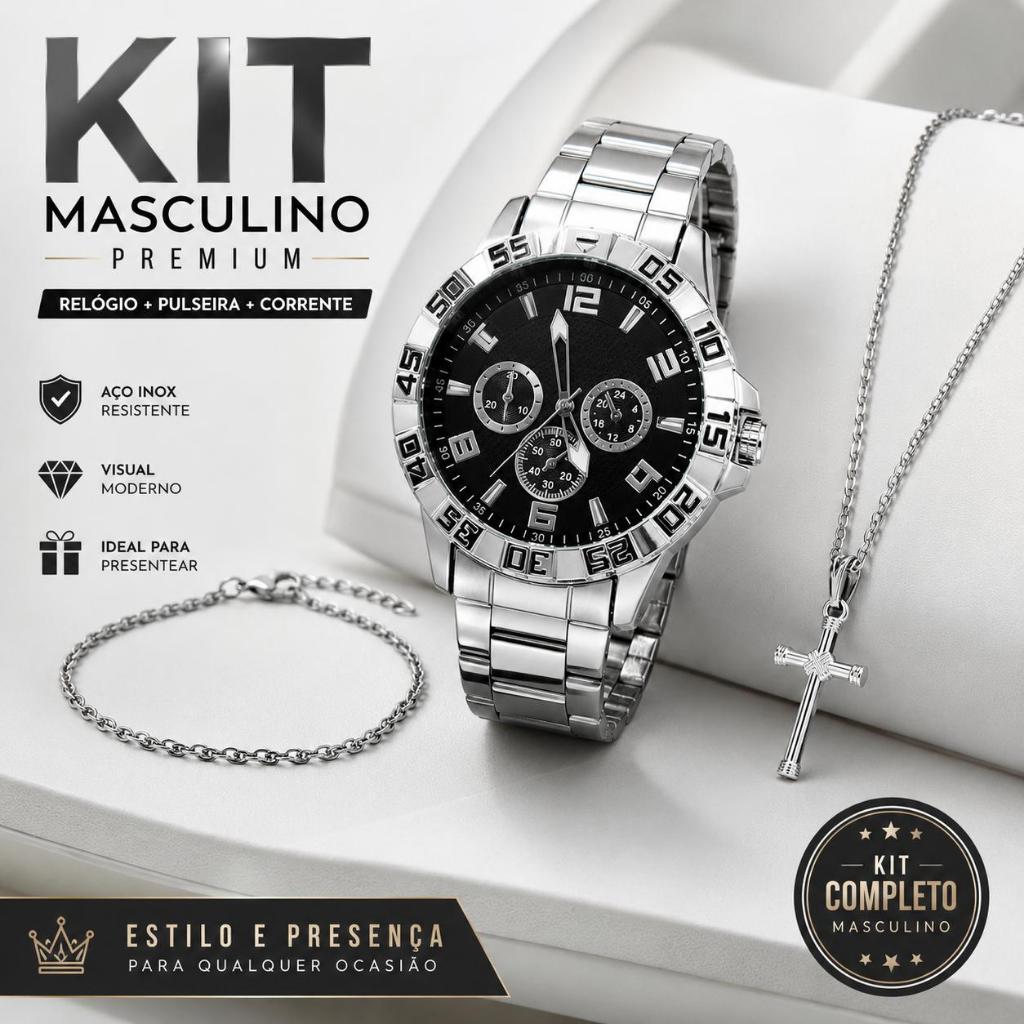 Kit Masculino Completo Relógio + Corrente Crucifixo + Pulseira Acessórios Masculinos