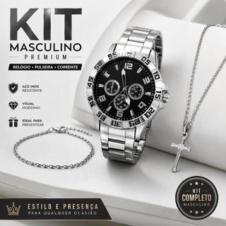 Kit Masculino Completo Relógio + Corrente Crucifixo + Pulseira Acessórios Masculinos