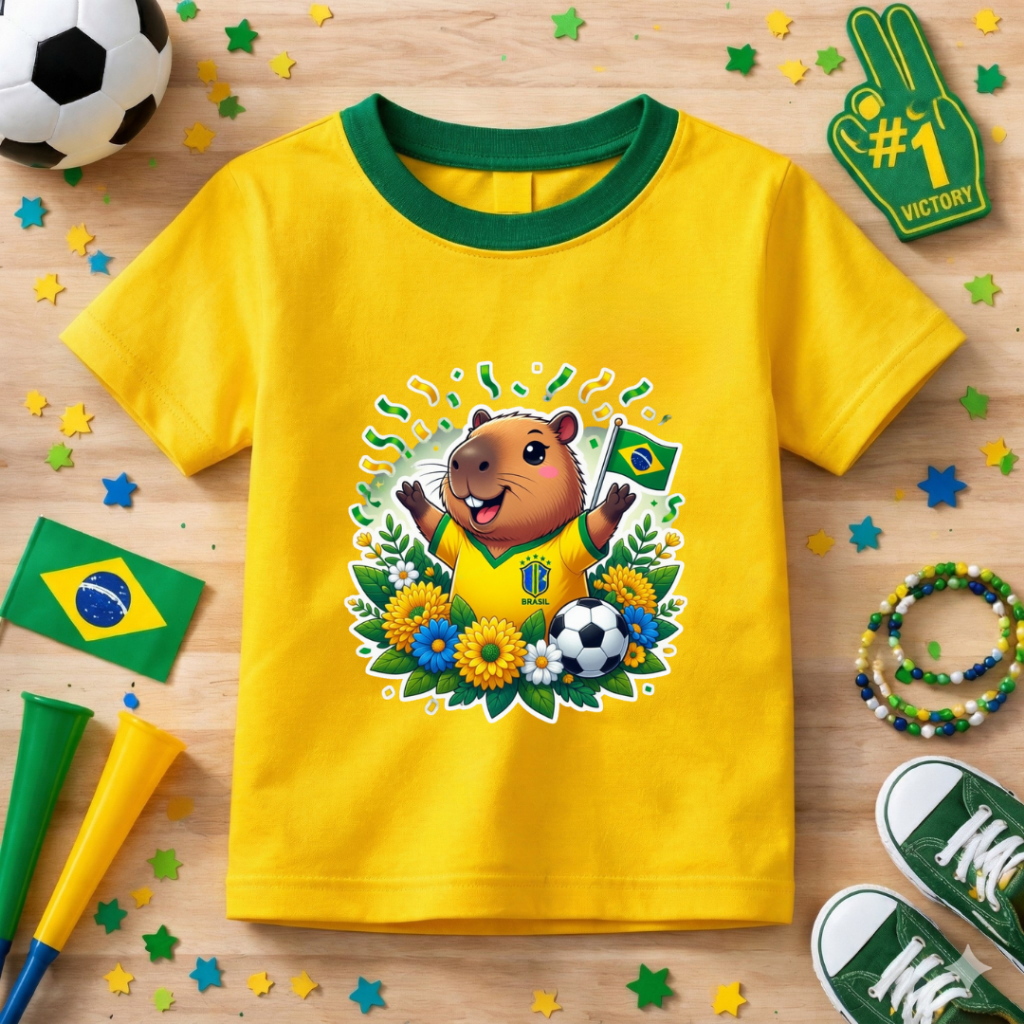 Camiseta Infantil Copa Do Mundo Personalizada Capivara Lançamento Brasil Algodão Premium Confortável