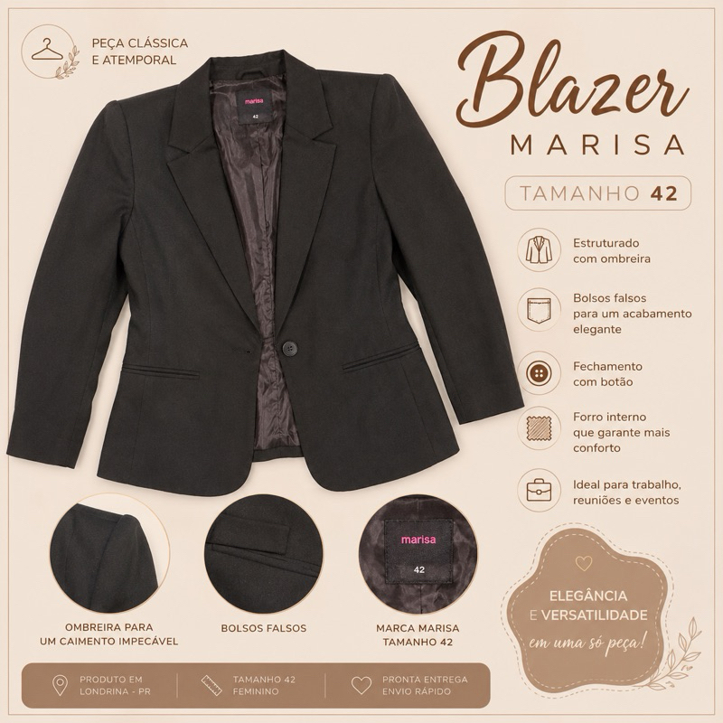 Blazer Feminino Marisa 42 Preto Semi Novo