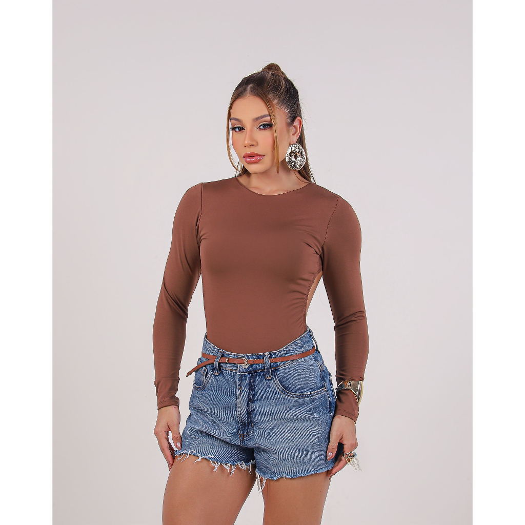 Body Feminino Manga Longa Costas Aberta Elegante Confortável Suplex Premium Forrado — imagem 2 de 2