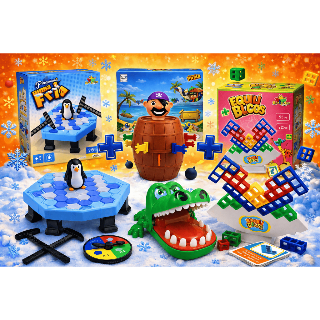 Kit brinquedos Pula Pirata + Quebra Gelo Pinguim + torre equilibrio Pais e Filhos Jogos Diversos Interativo Educacional