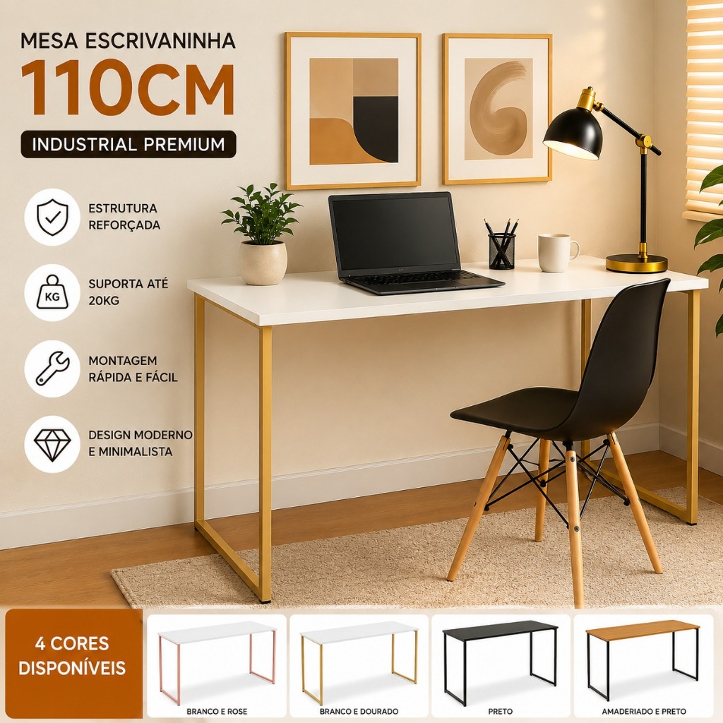 Escrivaninha Industrial 110cm Mesa Estudo Aparador Pés Aço