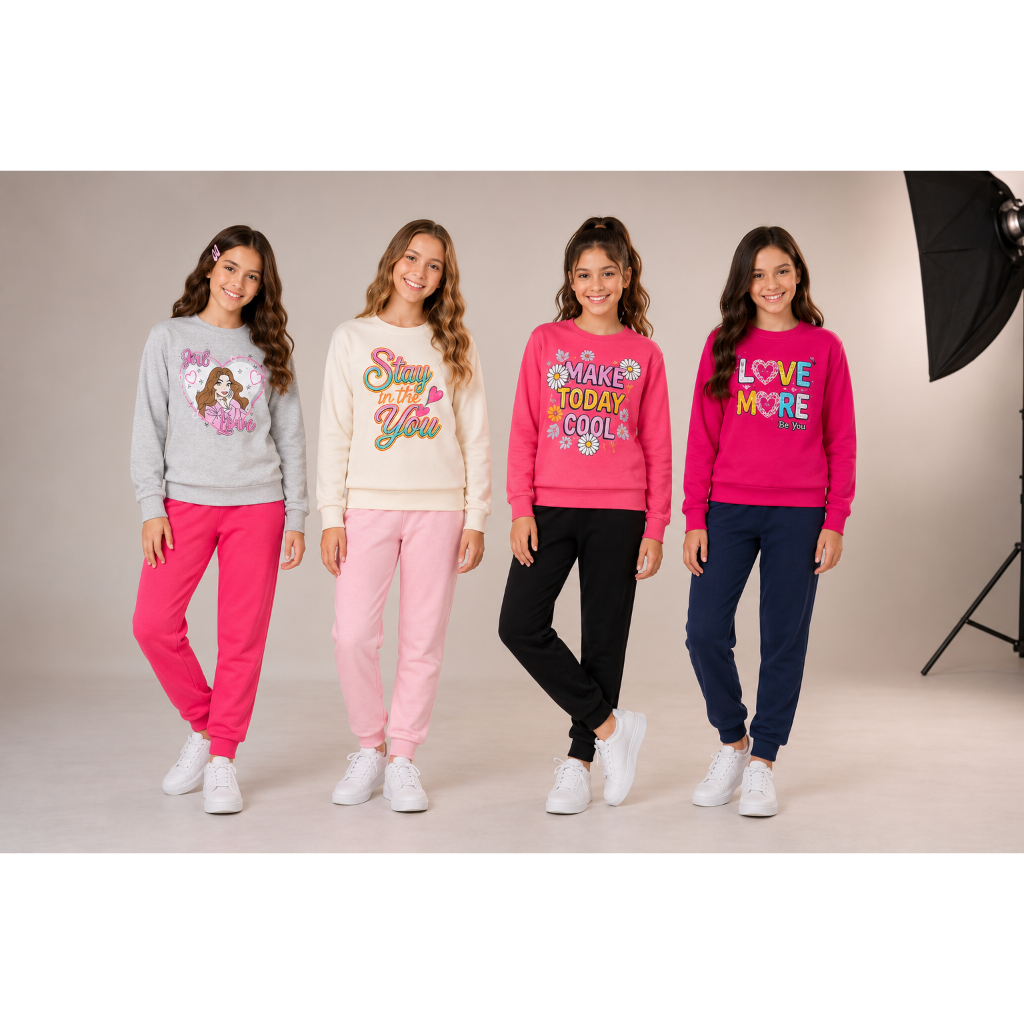 Kit 2 Conjuntos Juvenil Moletom Básico Menina – Inverno – Tamanhos 10 ao 14 – Estampas Sortidas