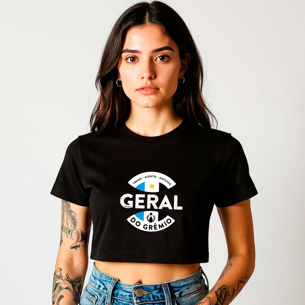 Camisa Camiseta Cropped Torcida Organizada Geral do Grêmio Futebol Blusa 100% Algodão Premium Adulto Feminino