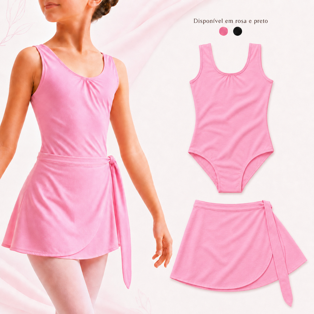 Kit Ballet Infantil 2 Peças Collant Regata + Saia Transpassada Amarrar Uniforme Balé