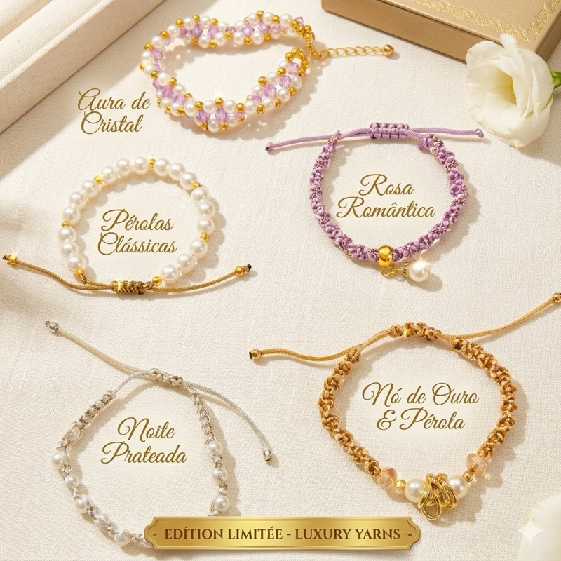 Pulseira Feminina Romântica Pérolas Macramê Ajustável Luxo Cristal - Coleção Luxury Yarns