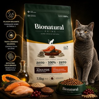 Ração SuperPremium Bionatural Prime para Gatos Adultos sabor Salmão 7.5KG