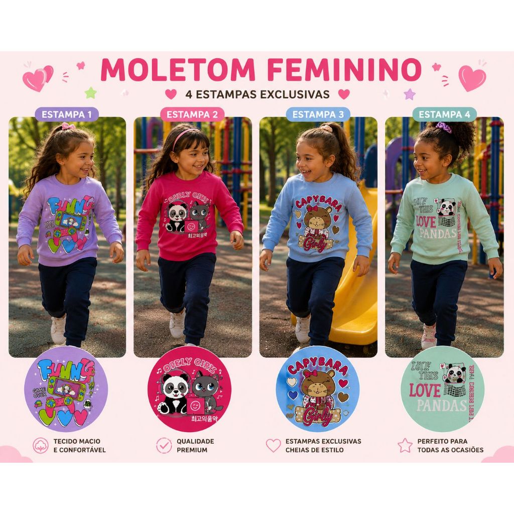 Kit 8 Peças Conjunto Moletom Infantil Menina Inverno 4 Blusas e 4 Calças 1 ao 8 Feminino Manga Longa