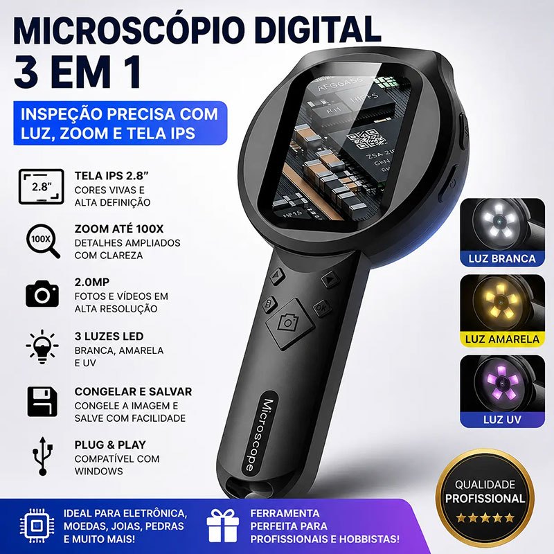 Microscópio Portátil 100X HD Lupa Digital para Pele, Couro Cabeludo e Reparo Eletrônico