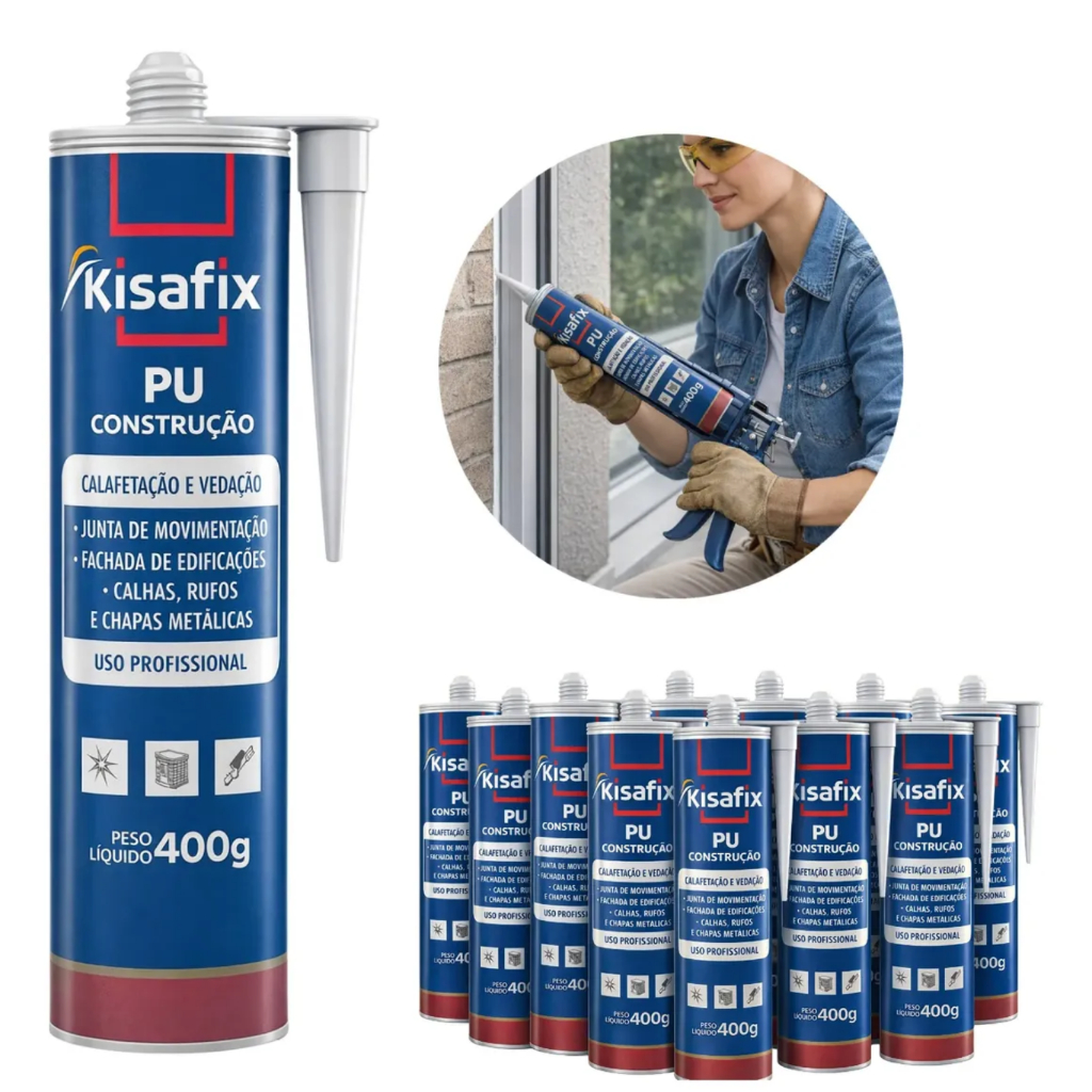 Kit 12un Selante Pu 40 Kisafix Preto Adesivo Poliuretano Cola Profissional Calha Rufos Chapas Metálicas Casas Vedação