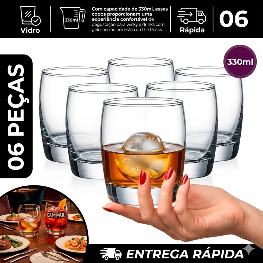 Jogo 06 de copos OCA Rocks 330ML Nadir Vidro Resistente Duralex Wisky Dose Wiskhey Campari Negroni