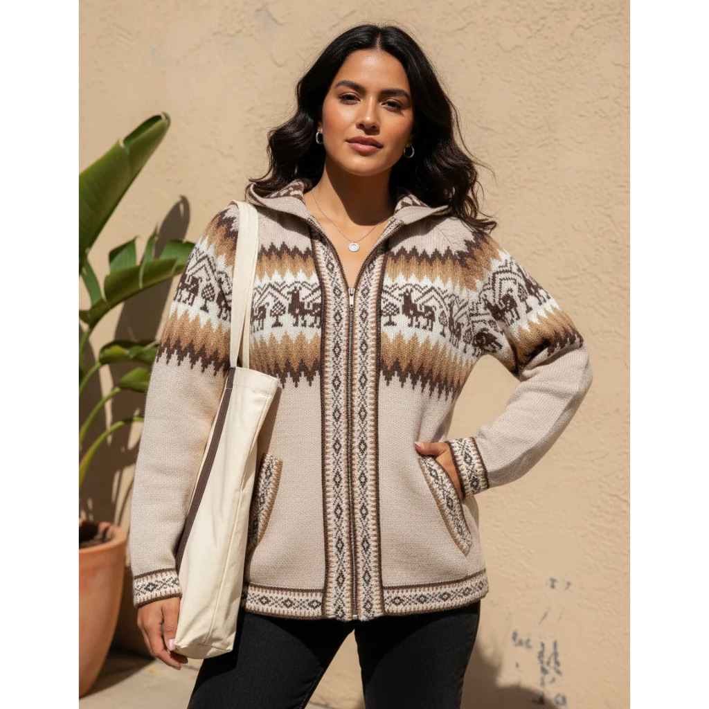 Agasalho Peruano Zíper Capuz Hippie Boho Lhamas Alpaca