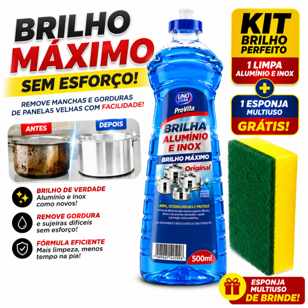 Kit Limpa Alumínio e Inox 500ml + Esponja Lava Louças Limpeza Pesada Remove Manchas Crostas Difíceis
