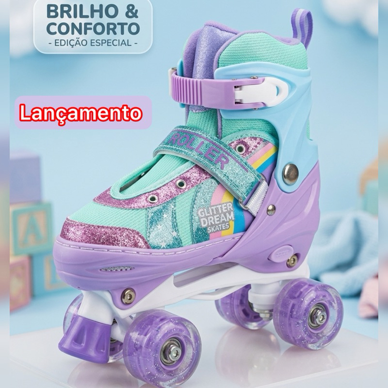 Patins Quad infantil RainbowStars Menina e Menino Arco Íris Tamanho Ajustável 29 ao 32 / 33-36 / 37-40 4 rodaque brilham