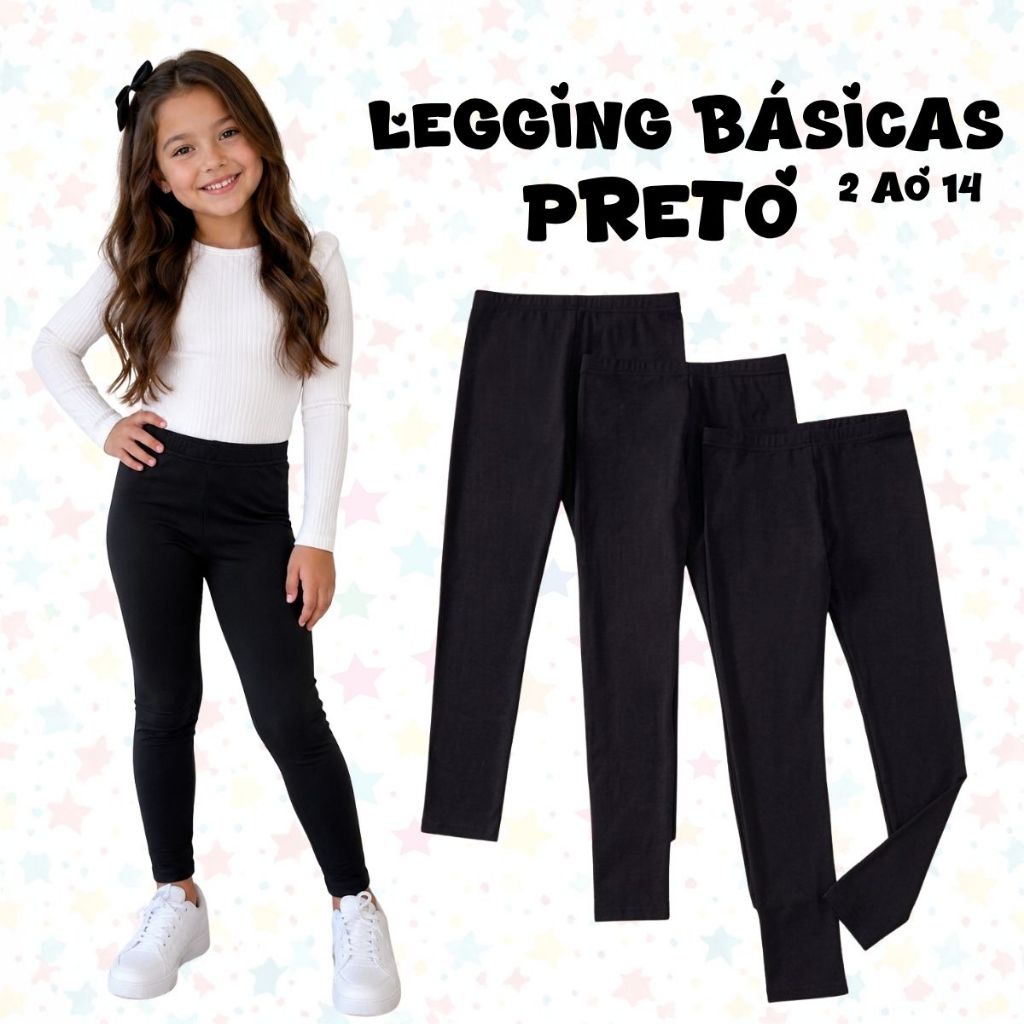 Detalhes do Legging Menina Infantil Juvenil 2 ao 14 Escolar Preto Marinho Cinza