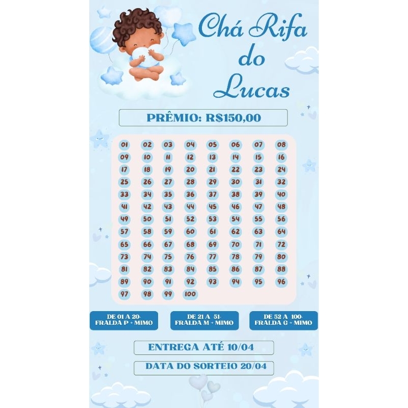 Convite Impresso Personalizado Chá Rifa- Chá de Bebê  Cartela+ Tabela de participantes-menino