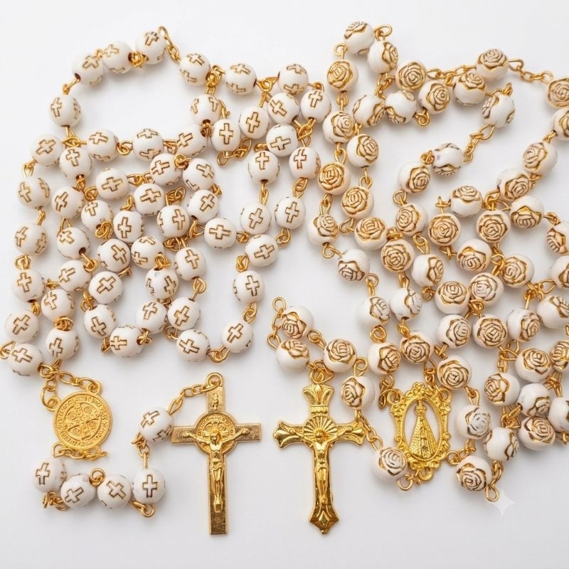 Kit de terço de Nossa senhora Aparecida e São Bento muito lindo #Terço#Terço de metal e pérolas