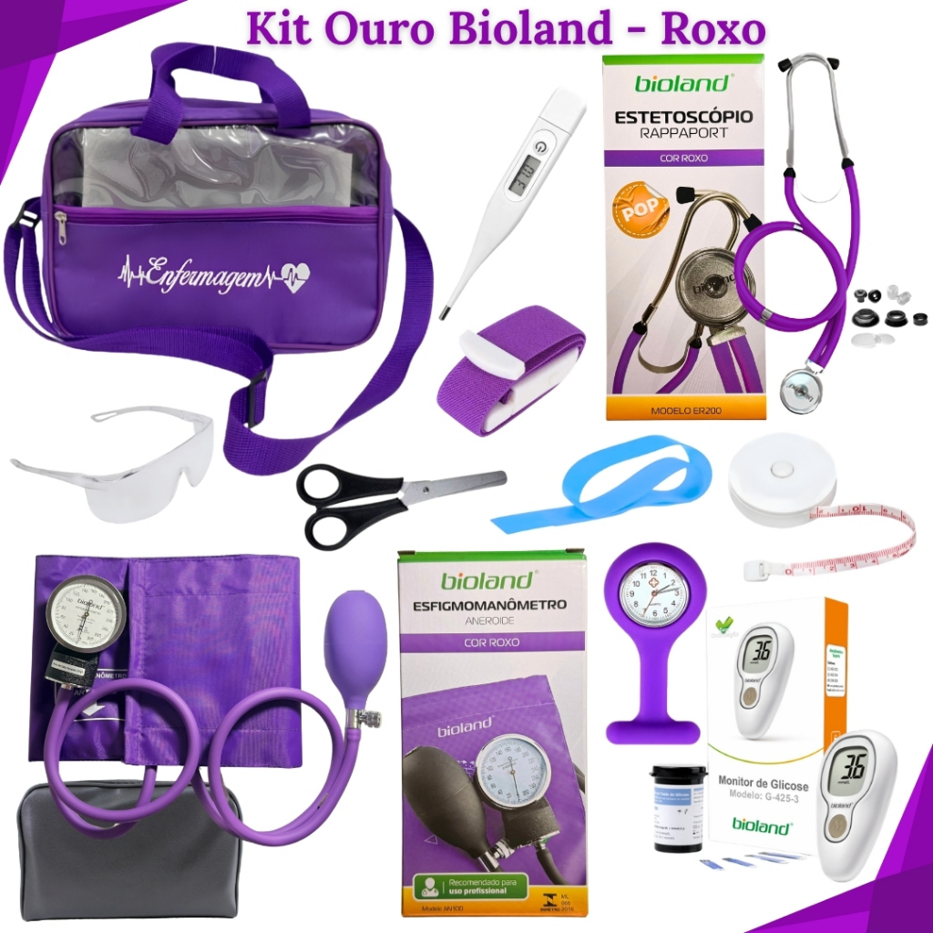 Kit de Enfermagem Ouro Completo com 12 itens para Estágio com Glicosímetro, Relógio de Lapela, Bolsa Transparente, etc.