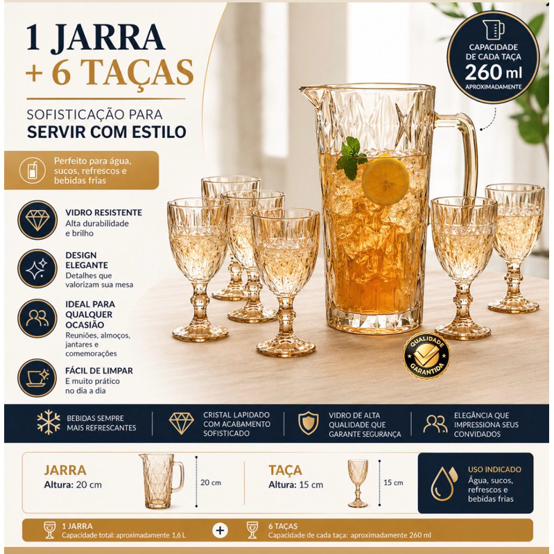 Kit 7 Peças Vidro Jarra 1L com 6 Taças Âmbar 260ml Diamond em Vidro Elegante para Água Sucos Refri