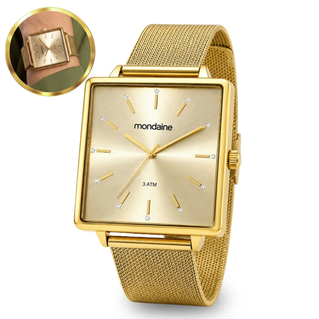 Relógio Feminino Mondaine De Pulso Quadrado Analógico Quartz Dourado Com Pulseira Em Aço Inoxidável Com Strass Original