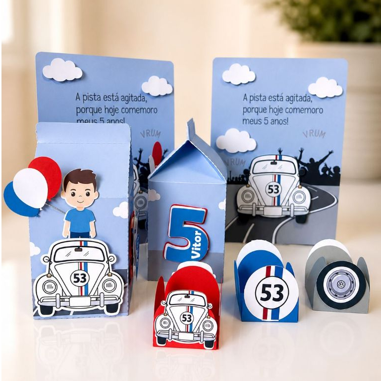 Kit Lembrancinha Fusca | Caixinha Milk | Centro de Mesa | Forminhas | Tema Fusca Herbie | Personalizado e Nome Idade