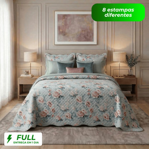 Kit Cobre Leito Colch King 3 Peças Boutis Dupla Face Matelado Estampa Floral Cama Box Premium