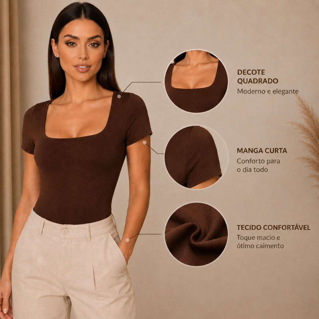 Body Feminino Manga Curte Decote Quadrado Moda Feminina Suplex Forro Premium Blogueira Confortável — imagem 2 de 2