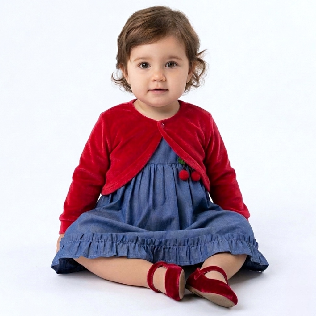 Vestido Infantil Menina Azul Jeans com Bolero Vermelho Bebê Festa Luxo 2 Meses a 4 Anos
