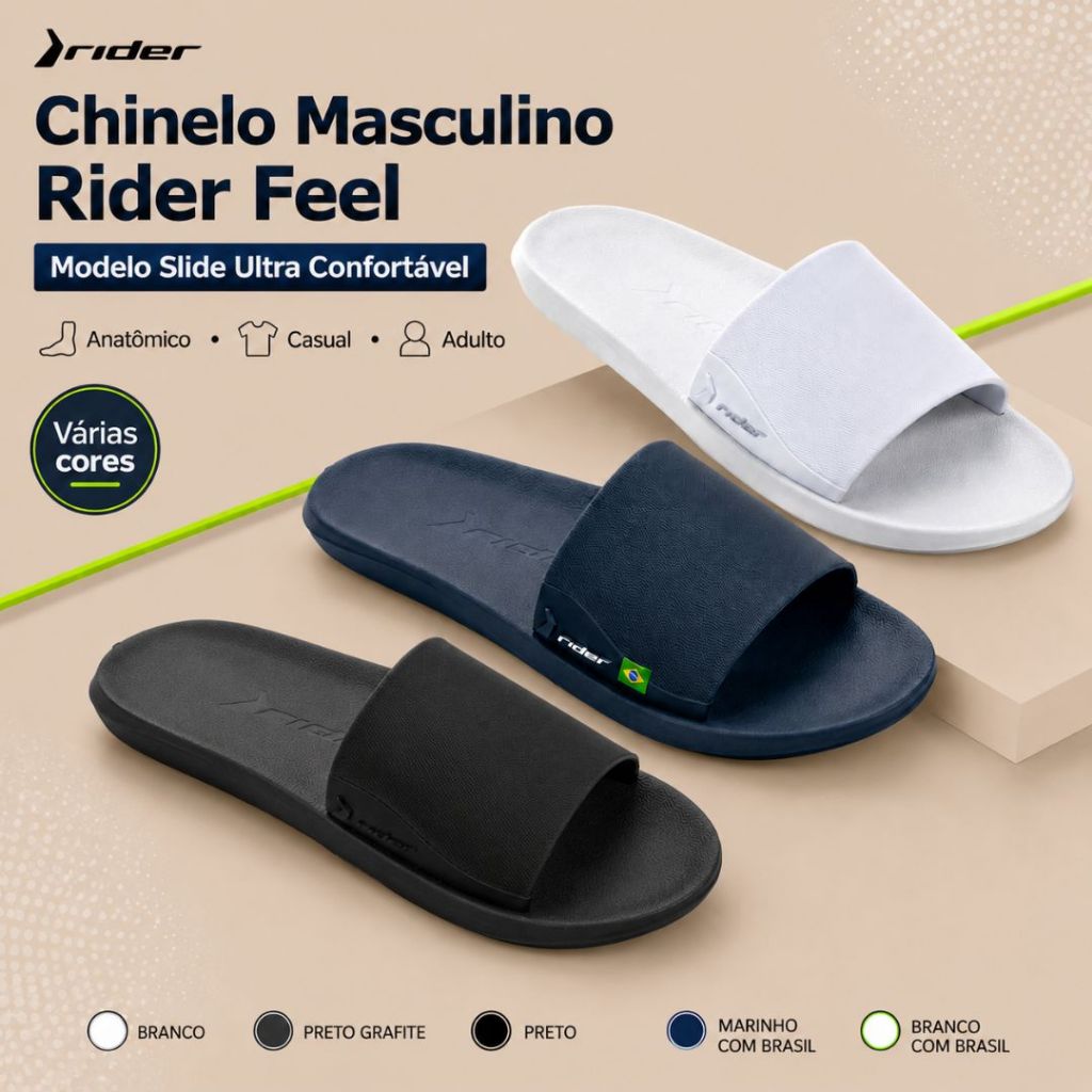 Chinelo Masculino Rider Feel Modelo Slide Ultra Confortável Sandália Anatômico Casual Adulto