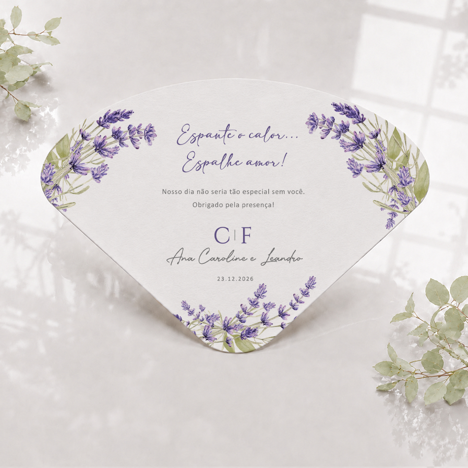 Ventarola Leque de Alegria para Casamento Personalizado com Nomes e Data Lavanda Lilás
