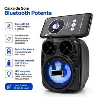 Caixa de Som Bluetooth Potente KTS, Recarregável, Rádio FM e Design Compacto Alto Falante…