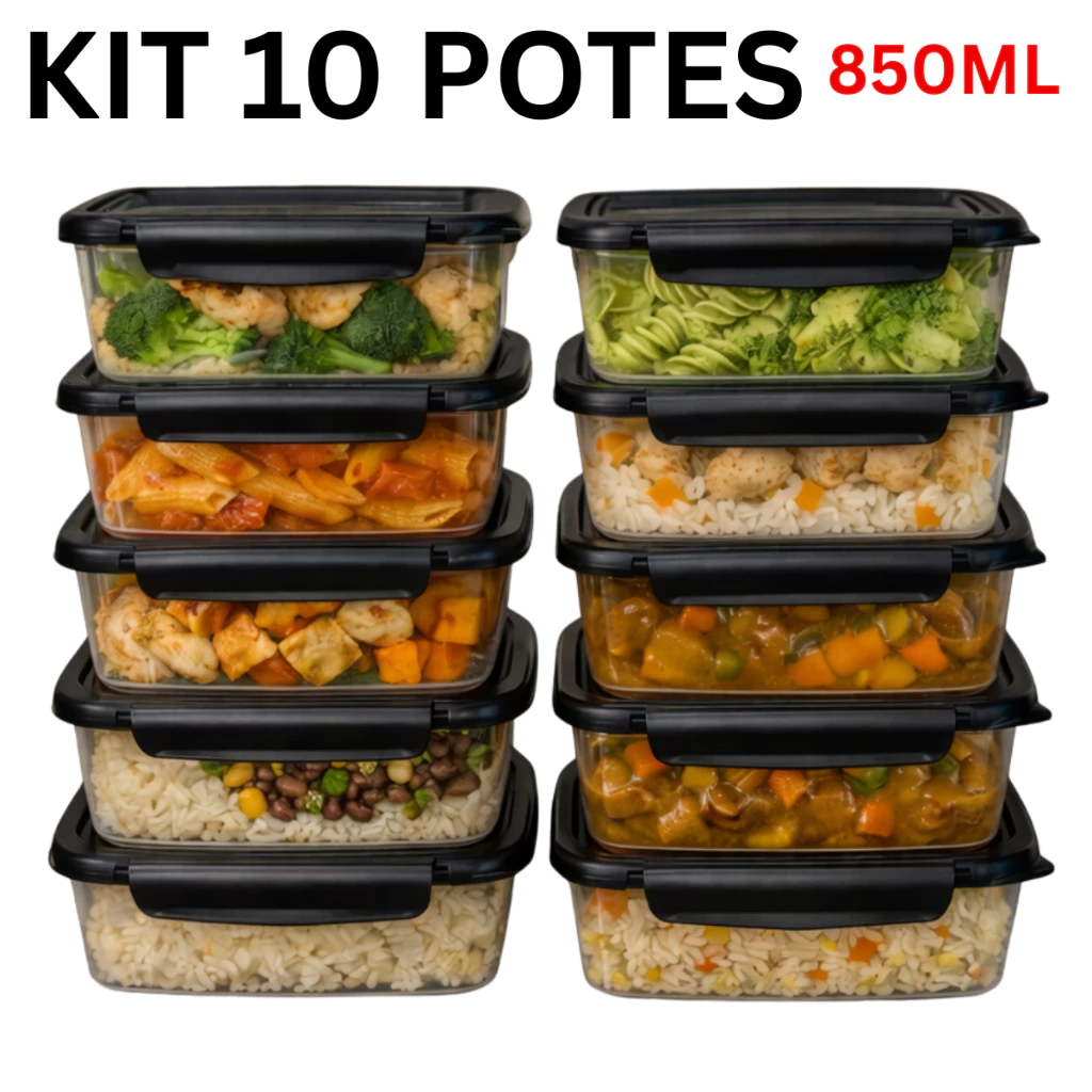 Kit 10 Marmita Conjunto Potes 850ml com Travas Laterais BPA FREE - Organizadores de Congelador