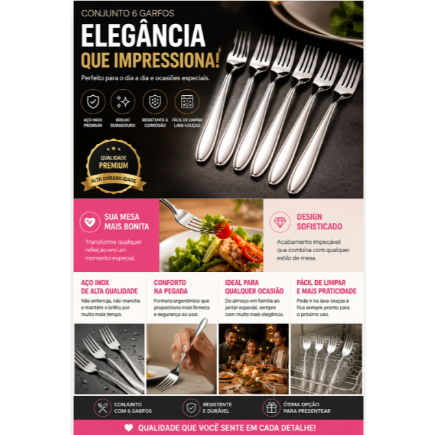 Lunare Inox - Conjunto 6 Garfos Aço Inox Premium | Durável, Elegante e Não Enferruja.