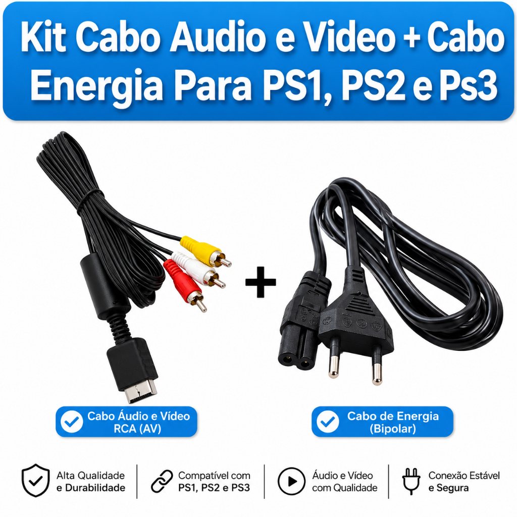 Cabo Av Audio E Video + Cabo de Energia Força Para Play 1, Ps2 E Ps3