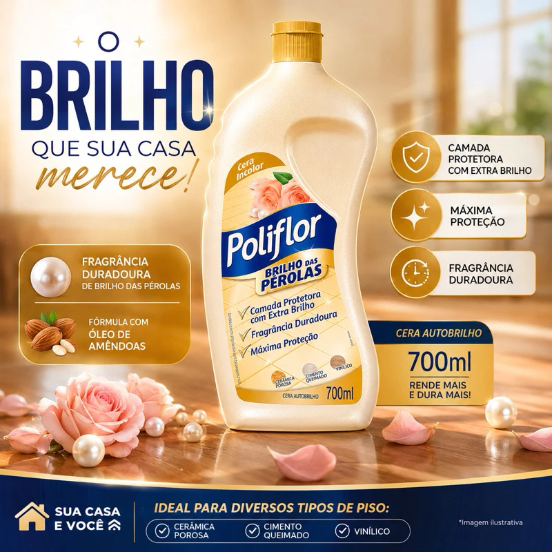 Poliflor Cera Líquida Incolor Auto Brilho Proteção Piso | Brilho das Pérolas Galão 700ml Cimento Mármore Assoalhos