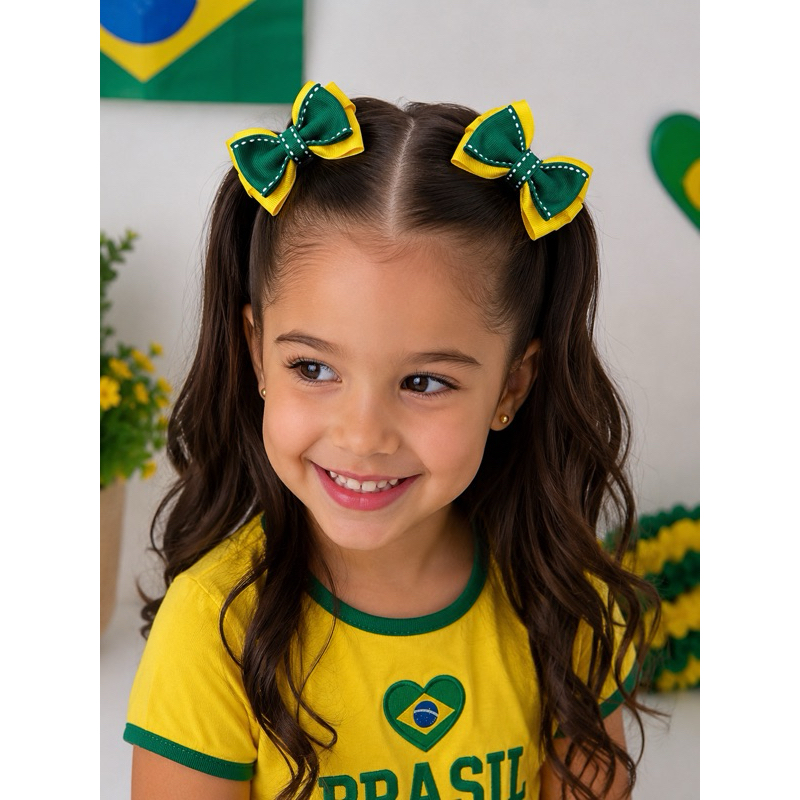 Par de Laço Infantil Gravatinha Triplo Brasil Copa Verde Amarelo Menina