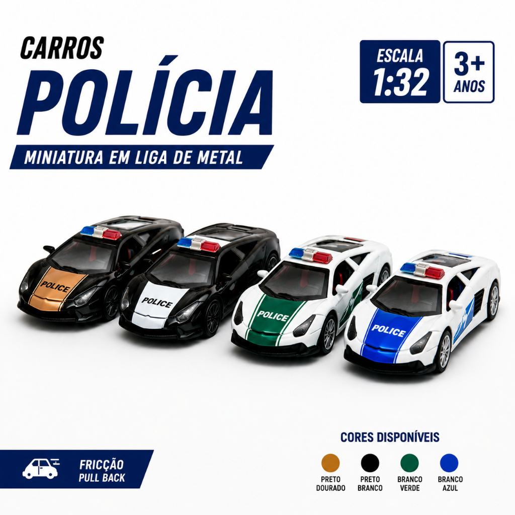 Miniatura Ferro Escala 1:38 Policial Lamborghini Gallardo e Aventador 4 cores Metal com Fricção