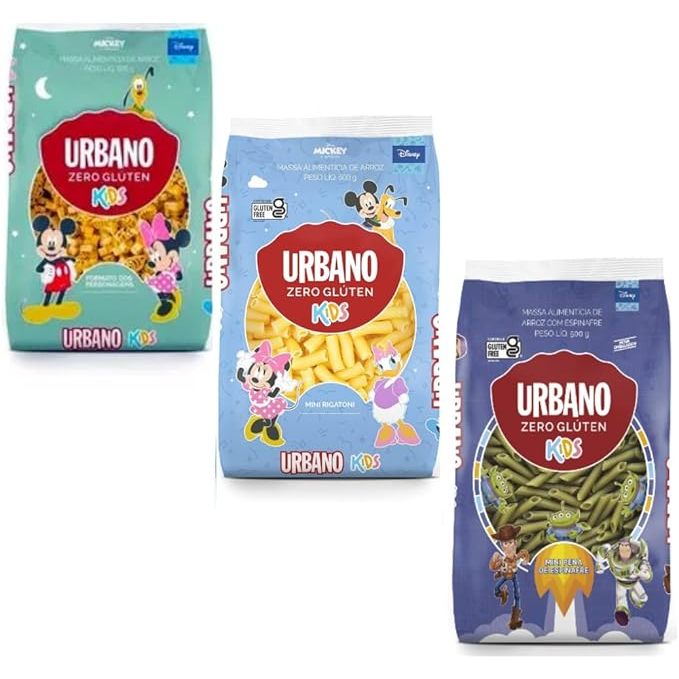 Urbano Kids Macarrão Zero Glúten, Massa de Arroz e Espinafre, Personagens, Kit com 3 Unidades