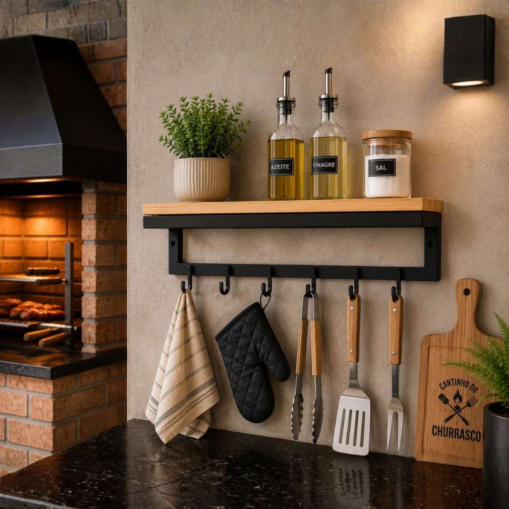 Prateleira Decorativa Industrial Para Churrasqueira Gourmet Com 6 Ganchos  Madeira Churrasco P/Copa